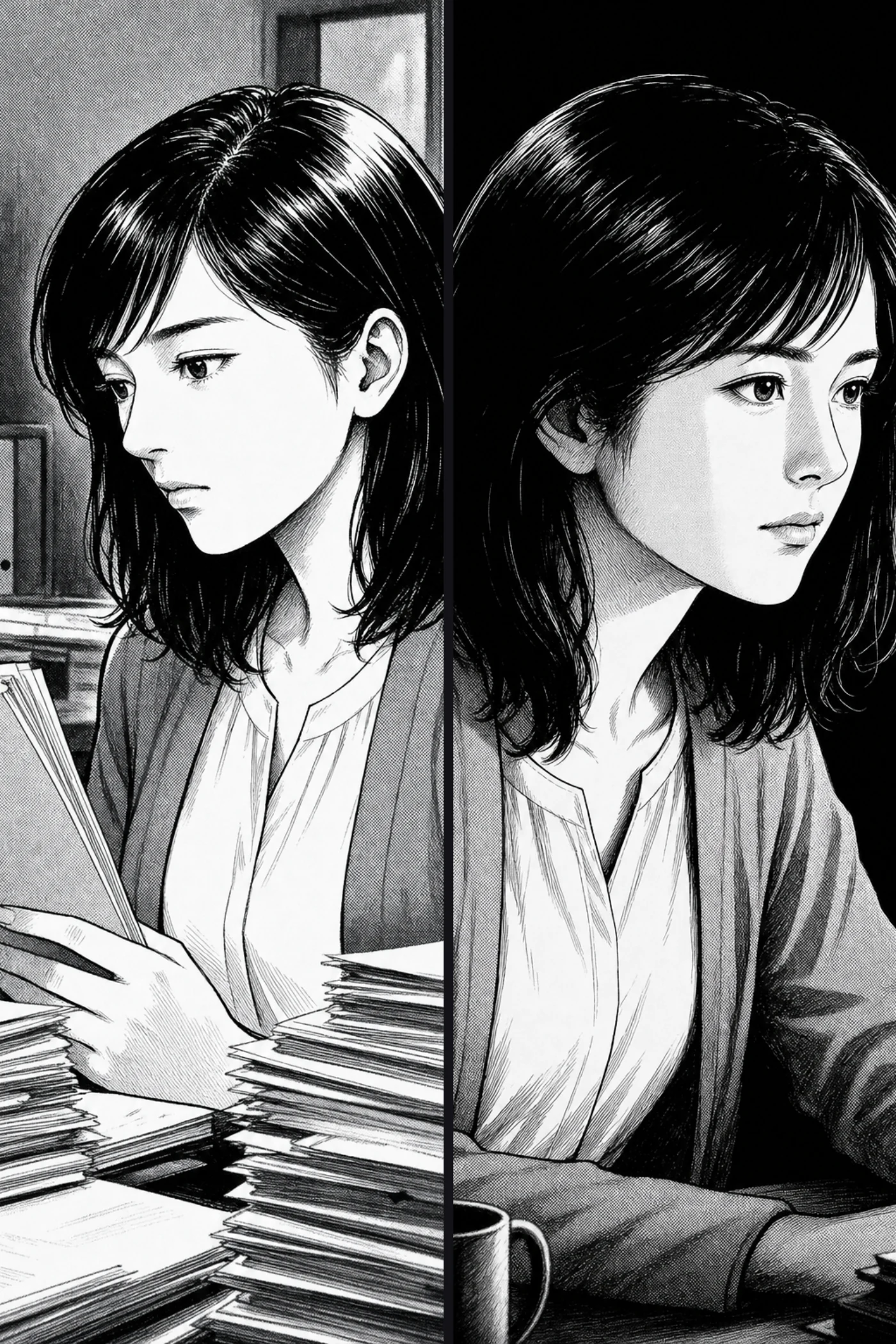 昼のオフィスと夜の自室に画面が割れた白黒の漫画パネル