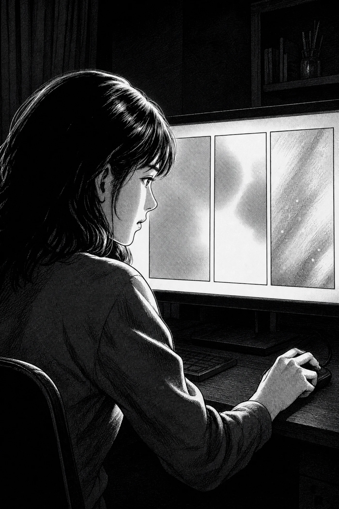 夜、モニタの光の中で自作AIの案を選ぶ白黒の漫画パネル