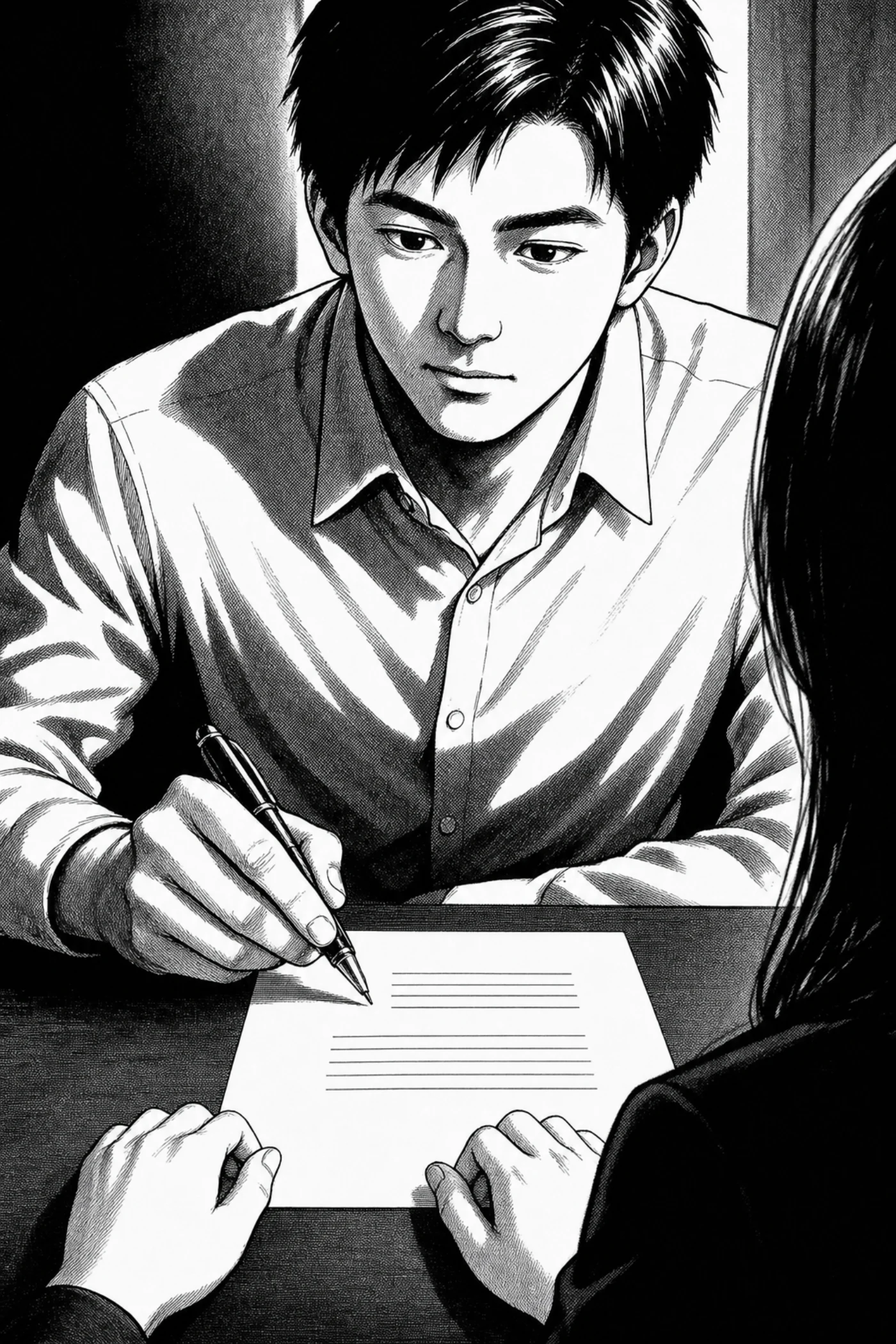 面接官が履歴書にペンを走らせる白黒の漫画パネル