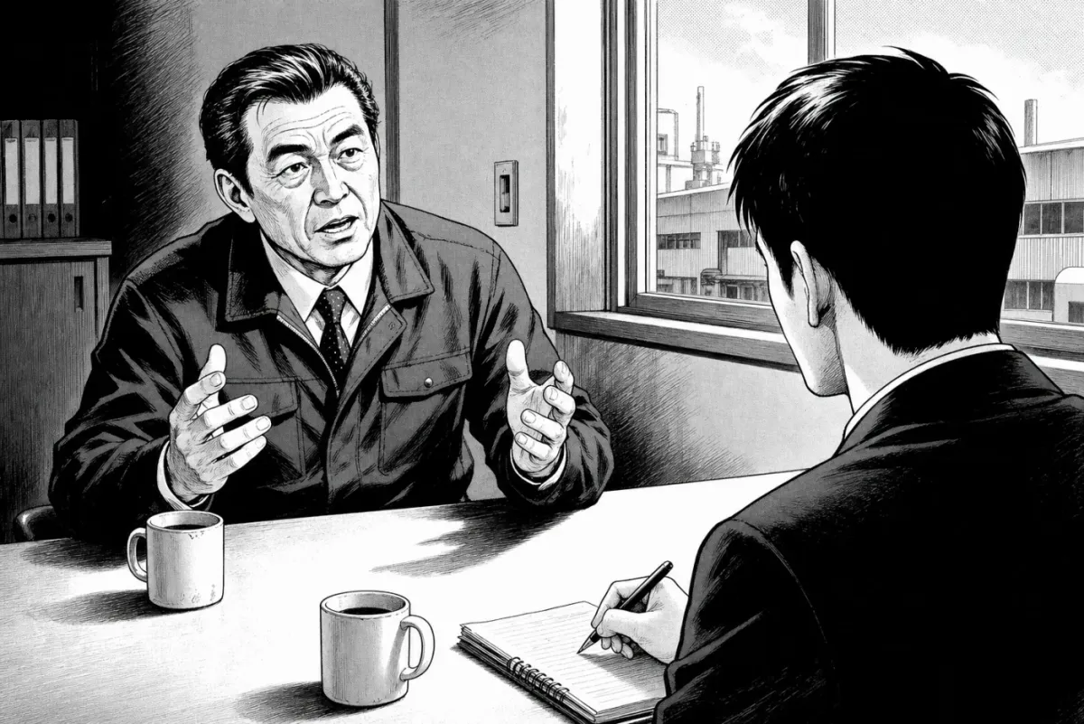 取材の場面の白黒の漫画パネル