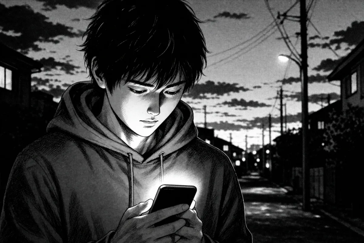 スマートフォンを見る若者を描いた白黒の漫画パネル